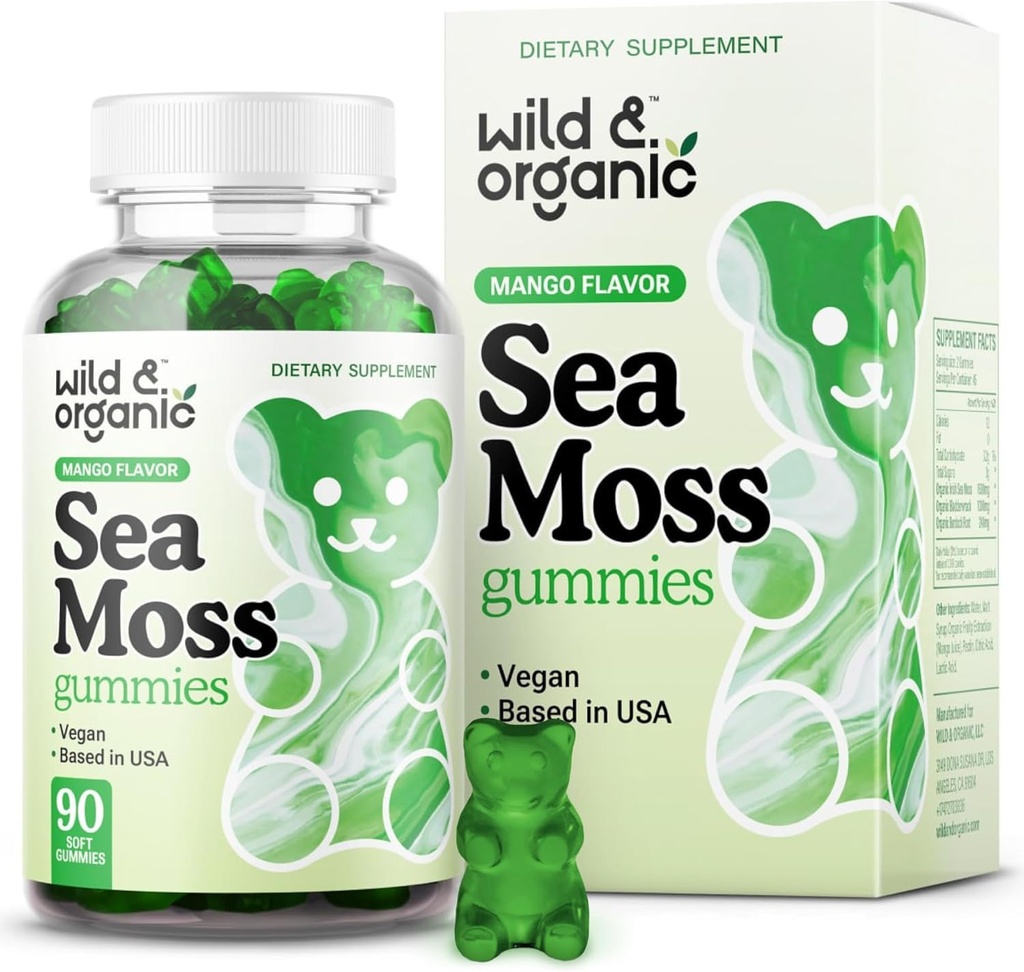 Wild & Organic Irish Sea Moss Gummies 1600 mg - Complex w/Bladderwrack and Burdock Root - Sea Moss Gel Chews for General Support - Chondrus Crispus - 90 Vegan, Non-GMO Seamoss Gel Gummies