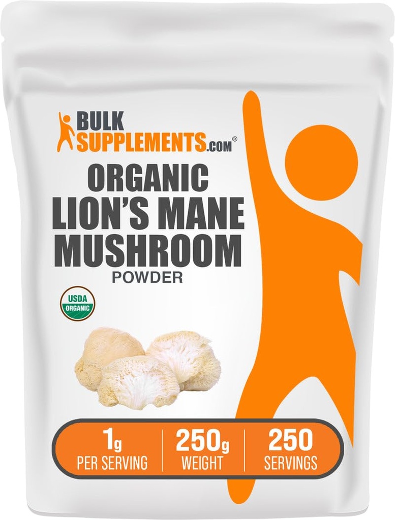 BulkSupplements.com Leones orgánicos Mane Mushroom Powder - Lions Mane Powder, Mushroom Suplemento - Vegan & Gluten Gratis, 1g por Serving, 250g (8.8 oz) (Pack of 1)