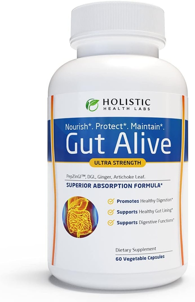 [BRSWYFARCQIA4G3F] Gut Alive - All Natural Support to Fight IBS, Heartburn, Acid Indigestion, Acid Reflux, Bloating & Gas. Fórmula única (60 Cuenta (Pack of 1))