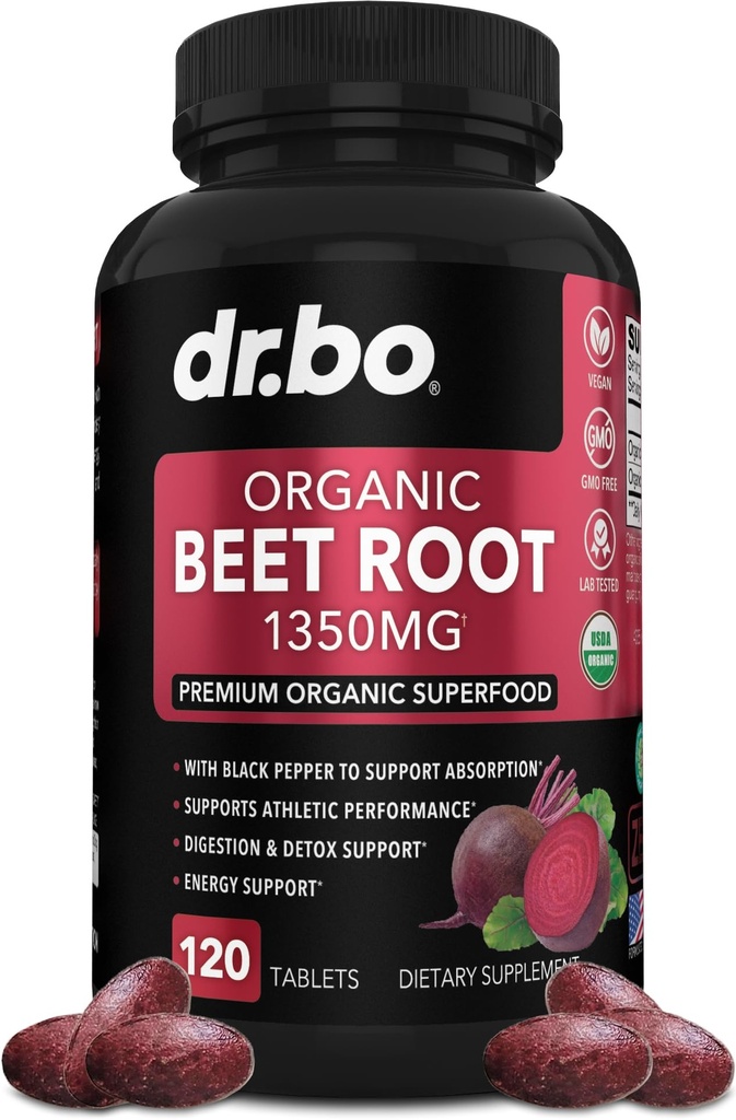 Suplementos de bobinas orgánicas - 1350mg Píldoras de extracción de escarabajos, suplemento de hoja de remolacha orgánica, remolacha de óxido super Nitrico High Circulation Total Vitaminas Soporte - 120 Beets Tablets