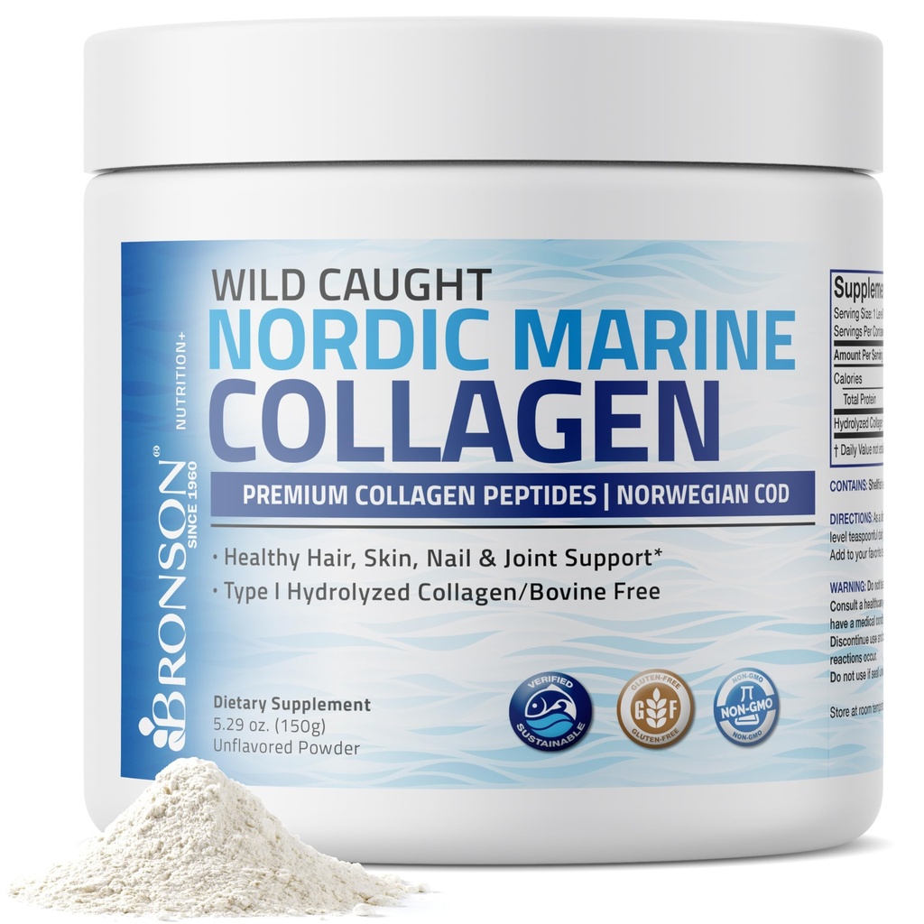 Bronson Marine Collagen Peptides Hidrolyzed Protein Powder 100% Wild Caught Nordic Cod Verified Fuente sostenible para articulaciones Esquí Pelo Nails & Bones 150g (5.29oz)