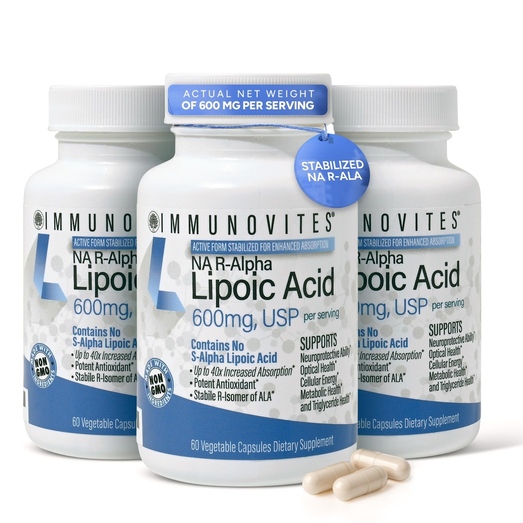 IMMUNOVITES 3-Pack Stabilized R-Alpha Lipoic Acid ((True))) 600mg por Serving [[High Potency ' up to 40x increased Absorption]] (Na R-ALA) (Na R-LA) (Na R-Lipoate) (3 Bottles)