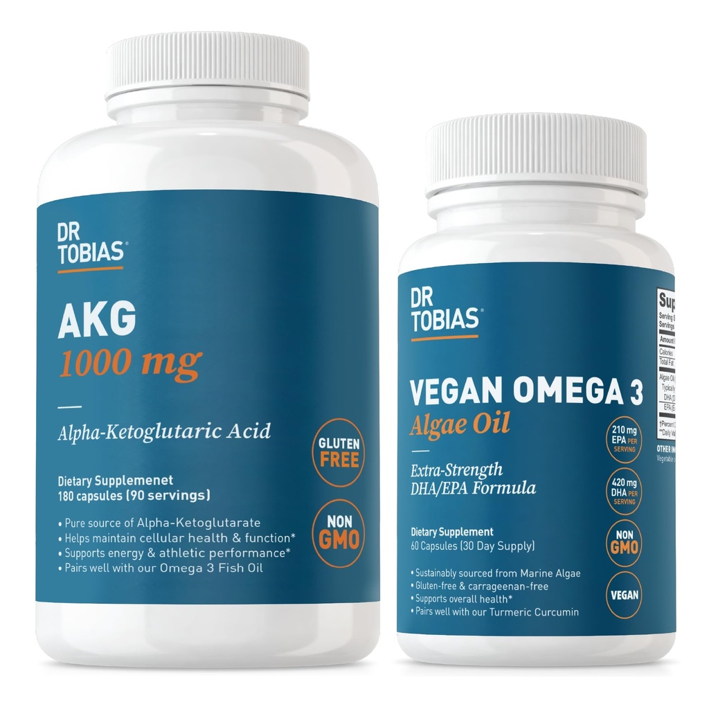 Dr. Tobias AKG Suplemento " Vegan Omega 3 Algae Oil, Support Cellular Energy " Global Health with AKG, EPA " DHA, Vegan, Gluten-Free, Non-GMO