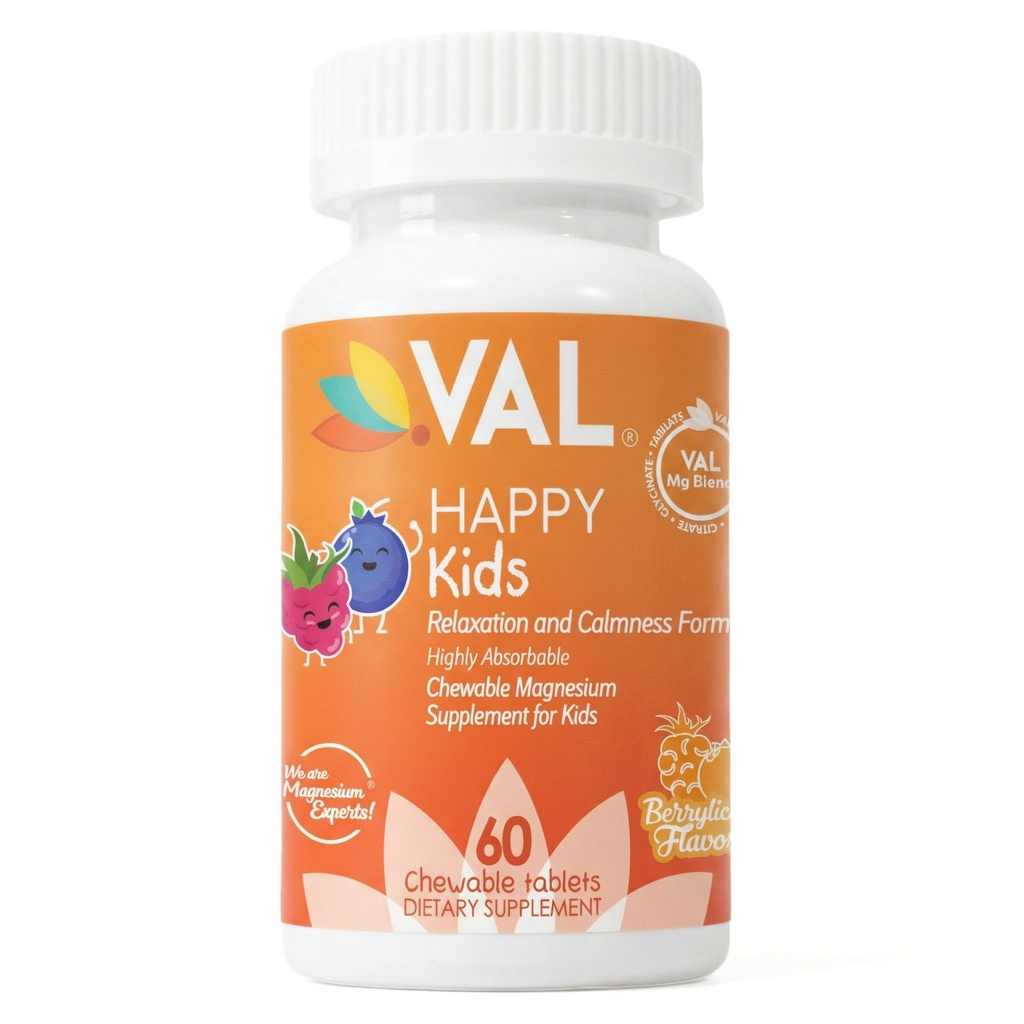 Magnesio de VAL para niños TENIDO Magnesio de alta absorción para calma, relajación " Enfórmese en Mg Glycinate, Citrate " Taurate TENIDO con Vitamina B6, D " C TENIDO Sin azúcar, sin azúcar TENIDO 60 Tabletas Chewable
