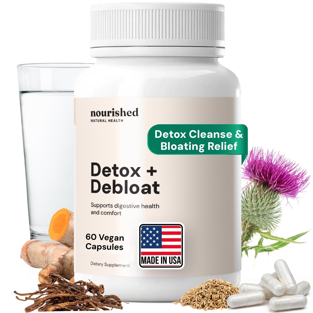 Nutrido Detox de Salud Natural + Debloat - Milk Thistle & Dandelion Root Vegan Supplement for Women - Bloating Relief & Digestion Support - 60 cápsulas