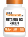 BulkSupplements.com Vitamina D3 2500IU Softgels - Cholecalciferol, D3 Suplemento, Vitamina D 2500 UI - 1 Vitamina D3 Softgel (62.5mg de vitamina D) por Serving, 500 Cuenta (Pack of 1)