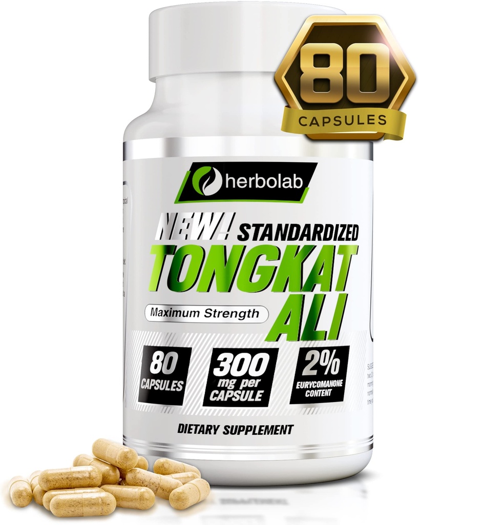 Herbolab Tongkat Ali For Men Root Suplemento 200:1, Estándarizado al 2% Eurycomanone, 1200 mg, 30 Day Supply, Longjack Tongkat Ali for Men, Eurycoma Longifolia Extract Powder Capsules, Malaysian Ginseng