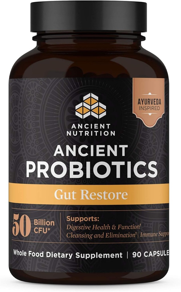 Probióticos de nutrición antiguos, Gut Restore 90ct con jengibre y fenogreco, soporta funciones digestivas, reduce la diarrea, estreñimiento, gas y soplado, superalimentos Blend, 50 millones CFUs*/Serving