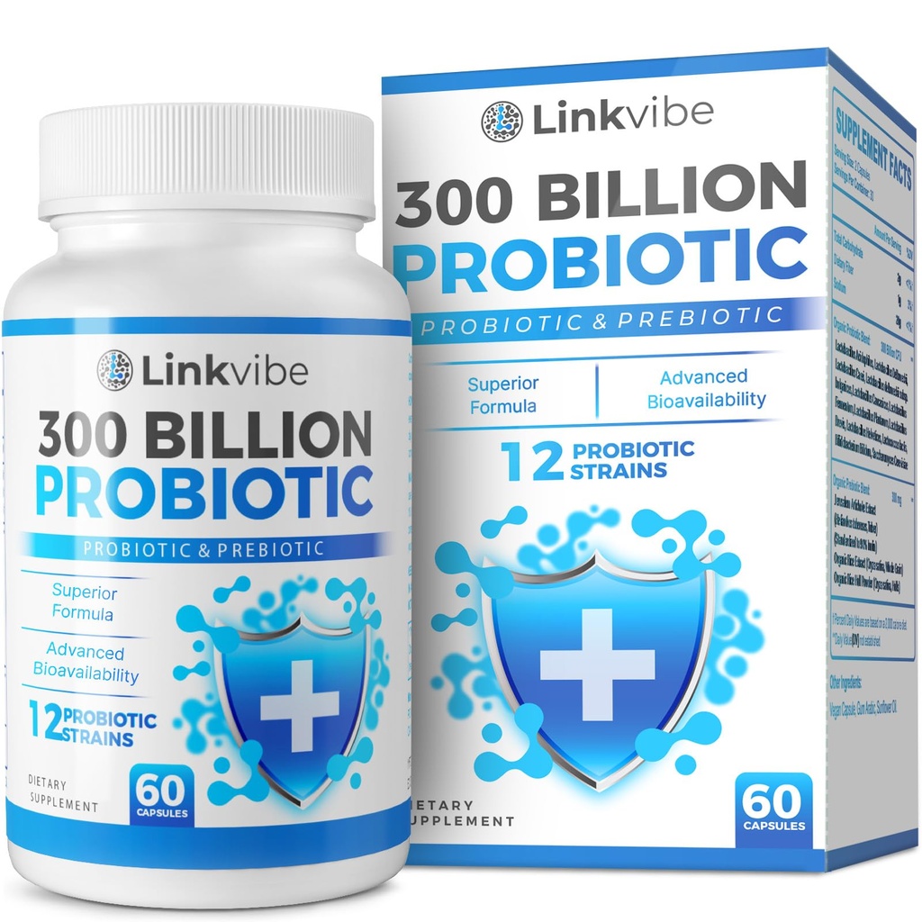 Probiótico 300 Billones CFU - 12 Strains with Organic Prebiotics for Digestive & Gut, Immune, Bloating Health - Probiotics for Women and Men - Daily Dairy Free, Shelf Stable - 60 Condes