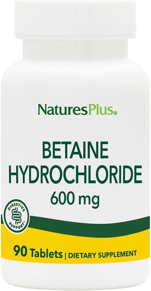 Natures Plus Betaine HCl (Hydrochloride) - 600 mg, 90 Tablets - Suplemento de Apoyo Digestivo, Alivia los síntomas de la indigestión ocasional de acidez cardiaca - hipoalergénico, libre de gluten - 90 Servings
