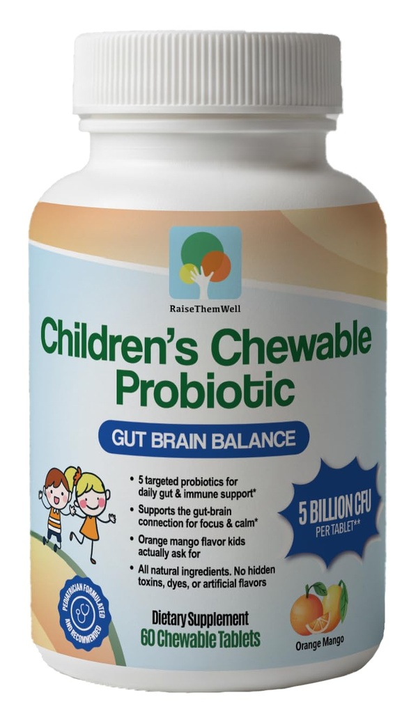 Raise Them Well Children’s Probiotic, Chewable Gut Health Tablets for Kids, Supports Digestion, Immunity & Nutrient Absorption, No Artificial Additives, Orange Mango, 60 Servings