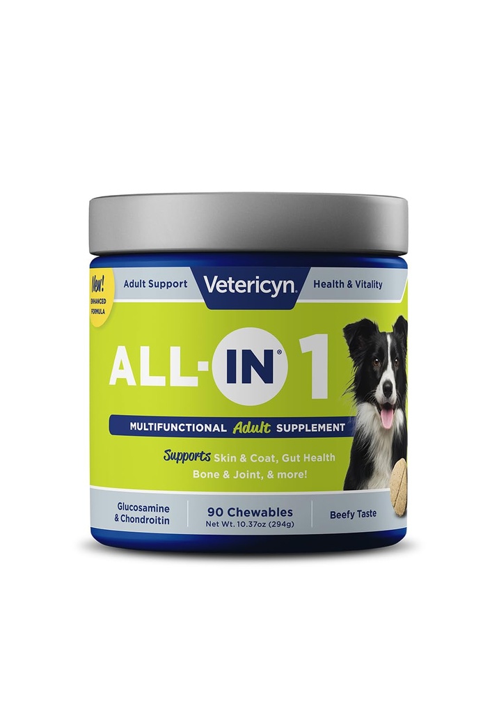 Vetericyn All-in 1 Multifunctional Dog Supplement ← Enzymes Digestivos + Glucosamina y Condroitina para Bone y Soporte Conjunto + Vitaminas, Antioxidantes, Prebióticos, Probióticos y Omegas. Cuenta 90