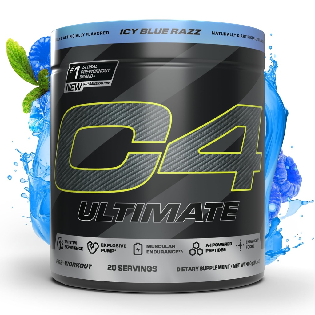 Cellucor C4 Ultimate Pre Workout Powder - Sugar Free Preworkout Energy Supplement for Men & Women - 300mg Caffeine + TeaCrine + Dynamine + Creatine - ICY Blue Razz, 20 Servings