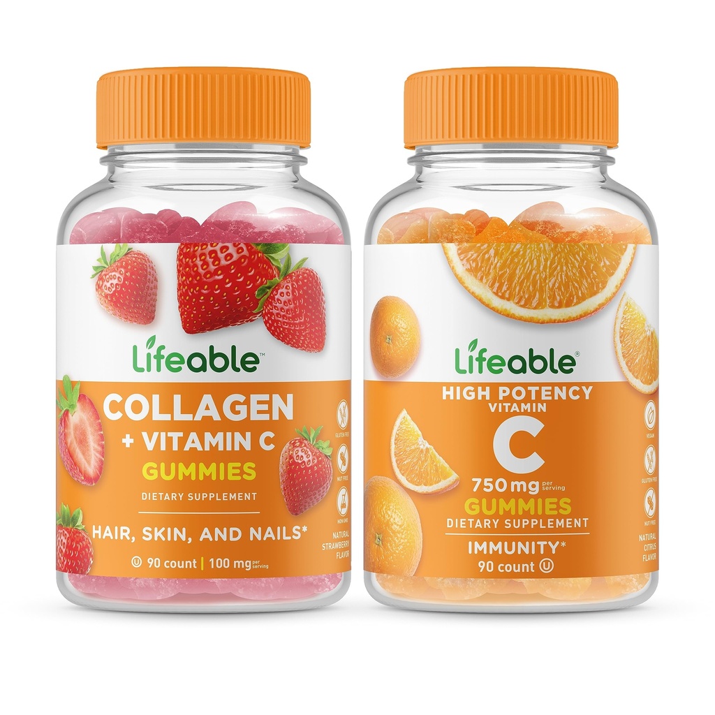 Colágeno Lifeable &amp; Vitamina C + Vitamina C 750mg, Gummies Bundle - Gran Tasting, Suplemento de vitamina, Gluten Free, GMO Gratis, Chewable Gummy