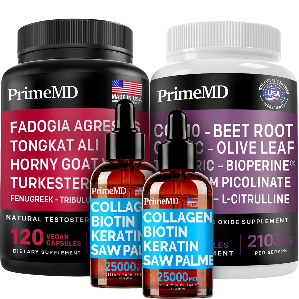 Collagen líquido Biotina (2pk), Fadogia Tongkat Ali (1pk), y óxido nítrico (1pk) Suplemento Bundle - Potent Vitaminas para el cabello, piel, uñas, corazón, energía, " Testosterone Support - Non-GMO, Vegan