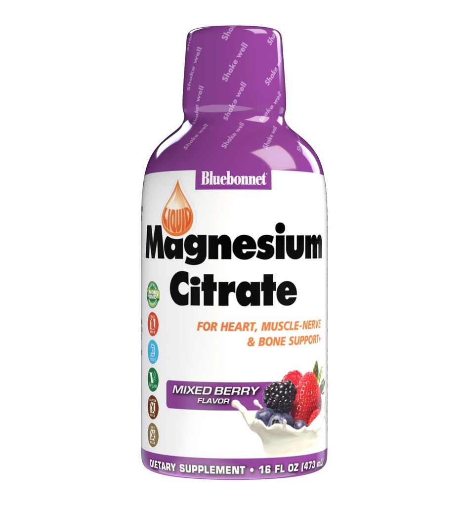 Bluebonnet Nutrition Magnesium Citrate 420 mg - Calm Mind & Body* – Supports Heart, Muscle & Sleep* - Non-GMO, Vegan, Kosher, Gluten-Free, Soy-Free, Milk-Free - 16 FL OZ, Mixed Berry Flavor