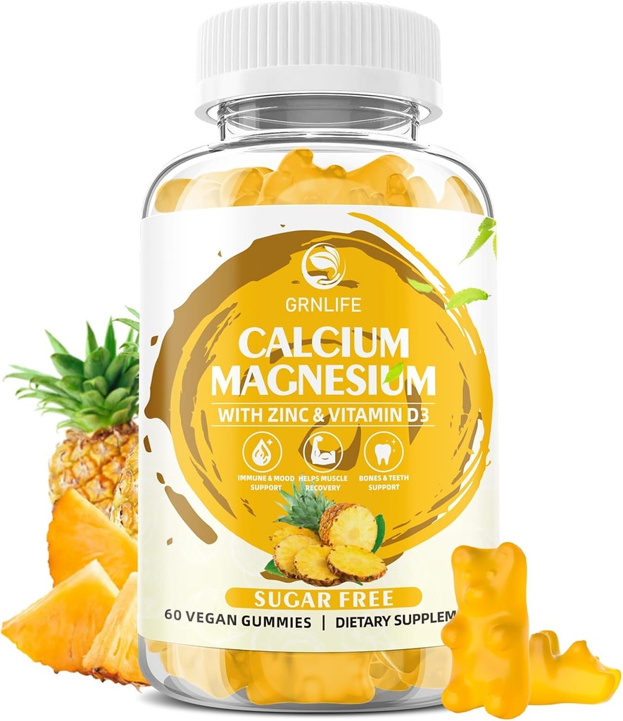 Magnesio de calcio Gummies de zinc con vitamina D3, azúcar de calcio gratis para mujeres hombres, altas potencias de magnesio para la salud del hueso & musculo, sabor de la piña - 60 condes