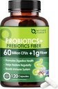 Probióticos para la salud digestiva de mujeres y hombres con fibra prebiótica - Suplemento de fibra con 60 Billones Probiótico para regularidad " Limpiador de Gut - Soporta el estreñimiento ocasional - 120 cápsulas vegetales