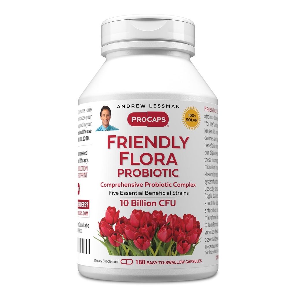 ANDREW LESSMAN Friendly Flora Probiotic 180 Capsules - 10 Billion CFU, Full Blend of Five Probiotic Strains, Powerful Immune and Digestive Support. Probióticos para Mujeres o Hombres
