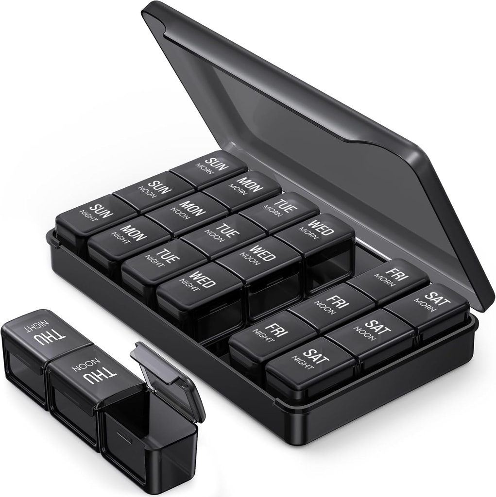 PULIV Pill Organizer 3 veces al día en color negro para la protección de privacidad, portable semanal Pill Box 7 Día para el viaje, gran caja de píldoras ligera para vitaminas, medicamentos, suplementos y aceites de pescado