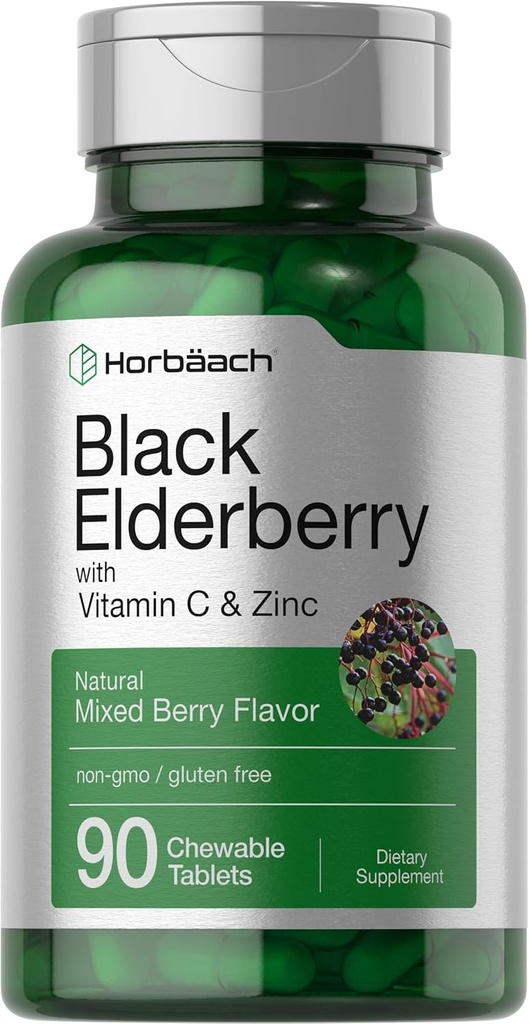 [BRSROCAFCB4AYG3Z] Horbaach Black Elderberry con vitamina C y Zinc TENIDO 90 Tablets Chewable ¦ Mixed Berry Flavor ← Immune Support Complex TEN Vegetarian, Non-GMO, and Gluten Free Supplement
