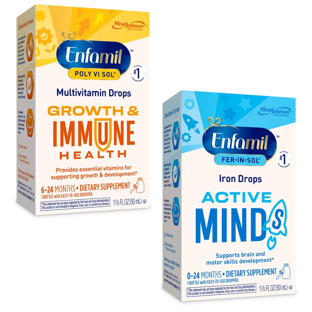 Enfamil Poly-Vi-Sol y Fer-in-Sol Liquid Drop Multivitamin Suplementos para bebés y niños pequeños, 2x50 mL Dropper Bottle