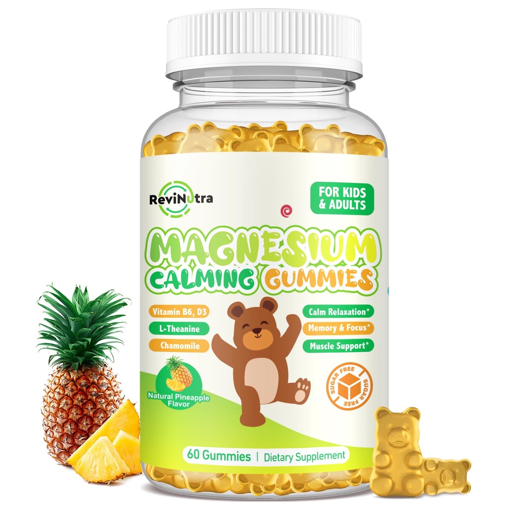 Magnesio Gummies para niños - Magnesio Glycinate Gummies Suplemento con L-Theanine, Vitamina B6, D3 para adultos &amp; niños, calma Magnesio para dormir, relajación, cerebro, huesos, azúcar Pineapple 60ct