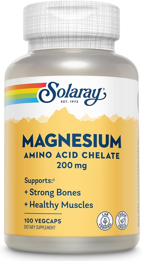 Solaray Magnesium Amino Amino Acid Chelate 200 mg, Magnesio Chelated Suplemento para Bone Health, Heart Health and Muscle Function Support, Vegan, 60-Day Money Back Guarantee, 100 Servings, 100 VegCaps