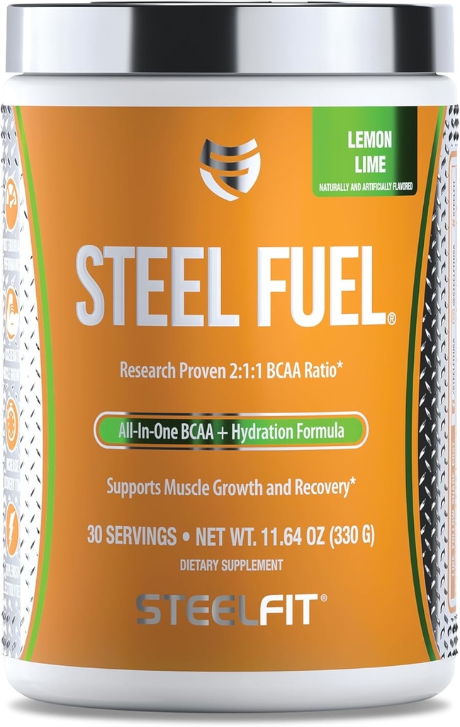 SteelFit Steel Fuel BCAAs Amino Acids Powder for Intra-Workout to Accelerate Muscle Growth & Mejor Endurance - 30 Servings in Lemon Lime - BCAA Supplements Powder for Electrolytes & Recovery