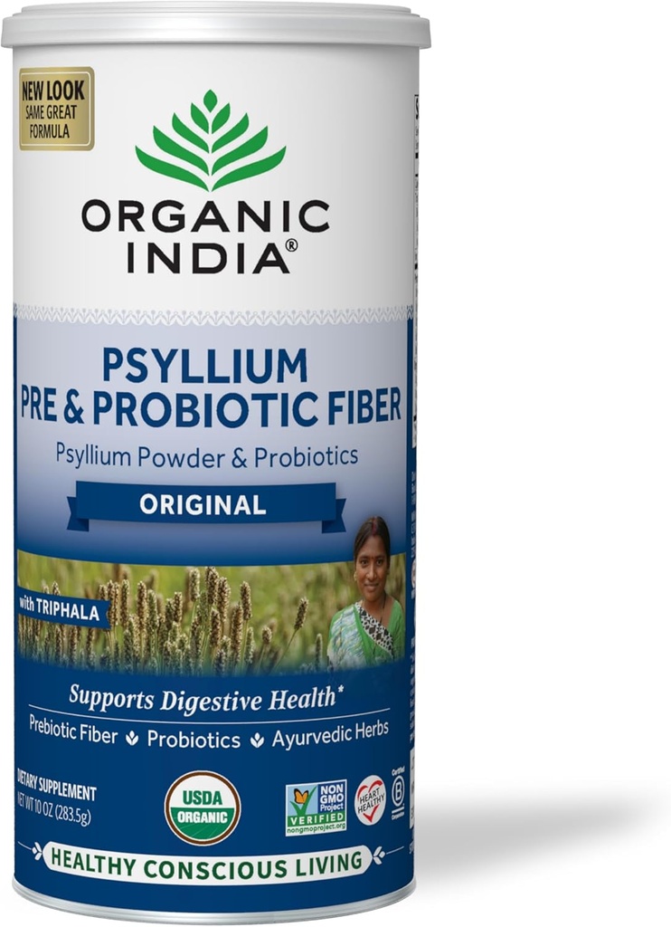 [BRSWY2Q2AB4GAHLA] ORGANIC INDIA Psyllium Husk Powder - Pre & Probiotic Fiber Suplemento, Orgánica Psyllium Husk Fiber Suplemento, Pleno Psyllium Husk Powder Desflavored, Fibra dietética, USDA Orgánico, Gluten Gratis - 10 Oz