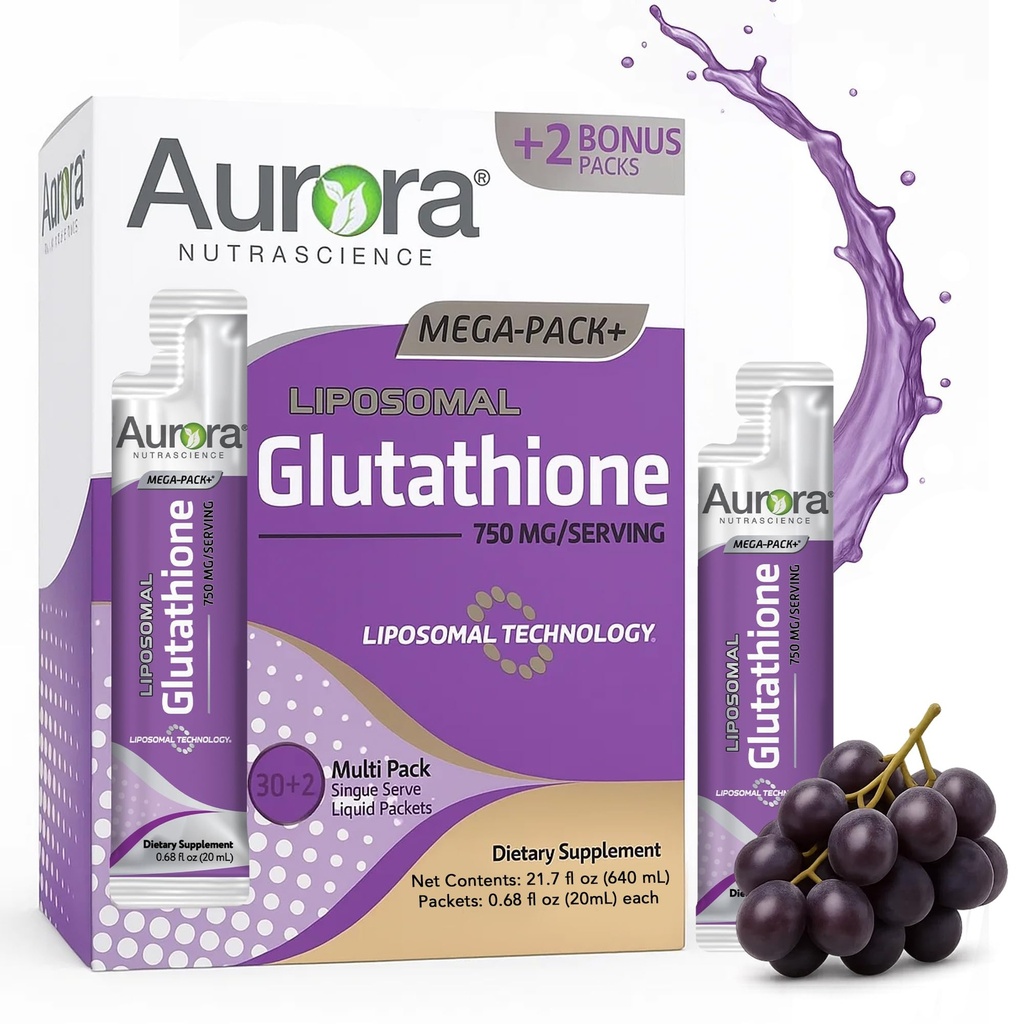 Aurora Nutrascience Mega-Liposomal Liquid Glutathione, Immune & Antioxidant Gut Health Support Suplemento, 750 mg por Serving, Non-GMO, Sugar-Free, 32 Single Serve Packets