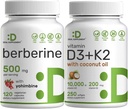 DEAL SUPLEMENTO Vitamina D3 10.000iu + K2 200mcg Softgels & Berberine Suplemento con Yohimbine Bundle – Vitaminas de Sunshine esenciales con aceite de coco – Hidrocloruro de alta absorción Formas HCl