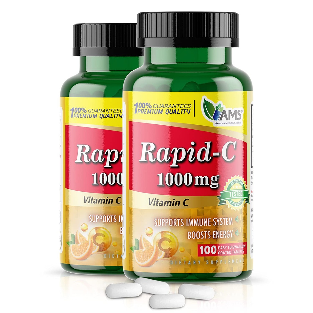 America Medic & Science Rapid-C 1000mg Vitamin C Supplement (2 Pack of 100 Tablets) Energy Booster, Daily Immune System Support, Antioxidant | Vegan, Non-GMO Coated Ascorbic Acid for Adult Men & Women