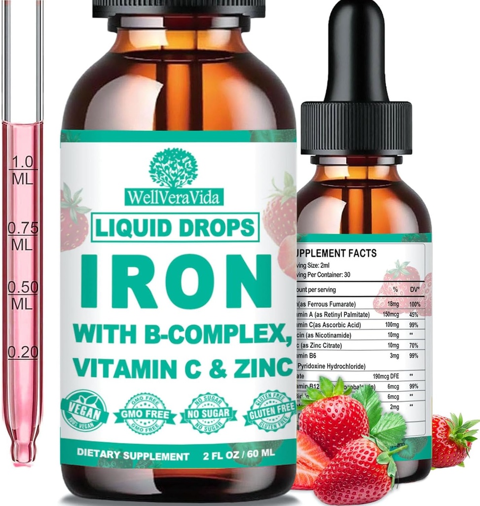 Suplemento de hierro líquido w / Vitamin C, B-Complex, Hierro de alta potencia líquido w. Multivitamina, gotas de hierro vegano para mujeres, niños, suplemento de hierro líquido de Chelate para la anemia, fatiga, sangre roja