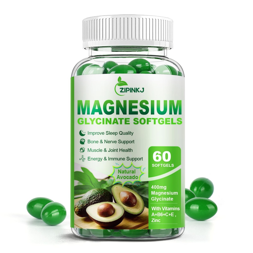 Magnesium Glycinate 400mg, High Absorption Magnesium Suplementos Softgels con vitamina E, B6, Zinc para el sueño, calma, relajación muscular " Bone Health, Gluten-Free, Non-GMO, 60 softgels