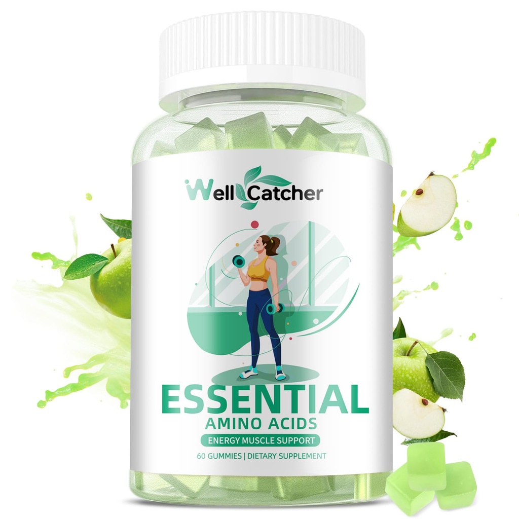 EAA Gummies Aminoácidos Esenciales - Todos los 9 Aminos Esenciales y Todos los Aminos de Cadena Sustituida (BCAAs) con Recuperación Muscle, Apoyo Energético Sugar Free Green Apple Flavor 30 Servimientos