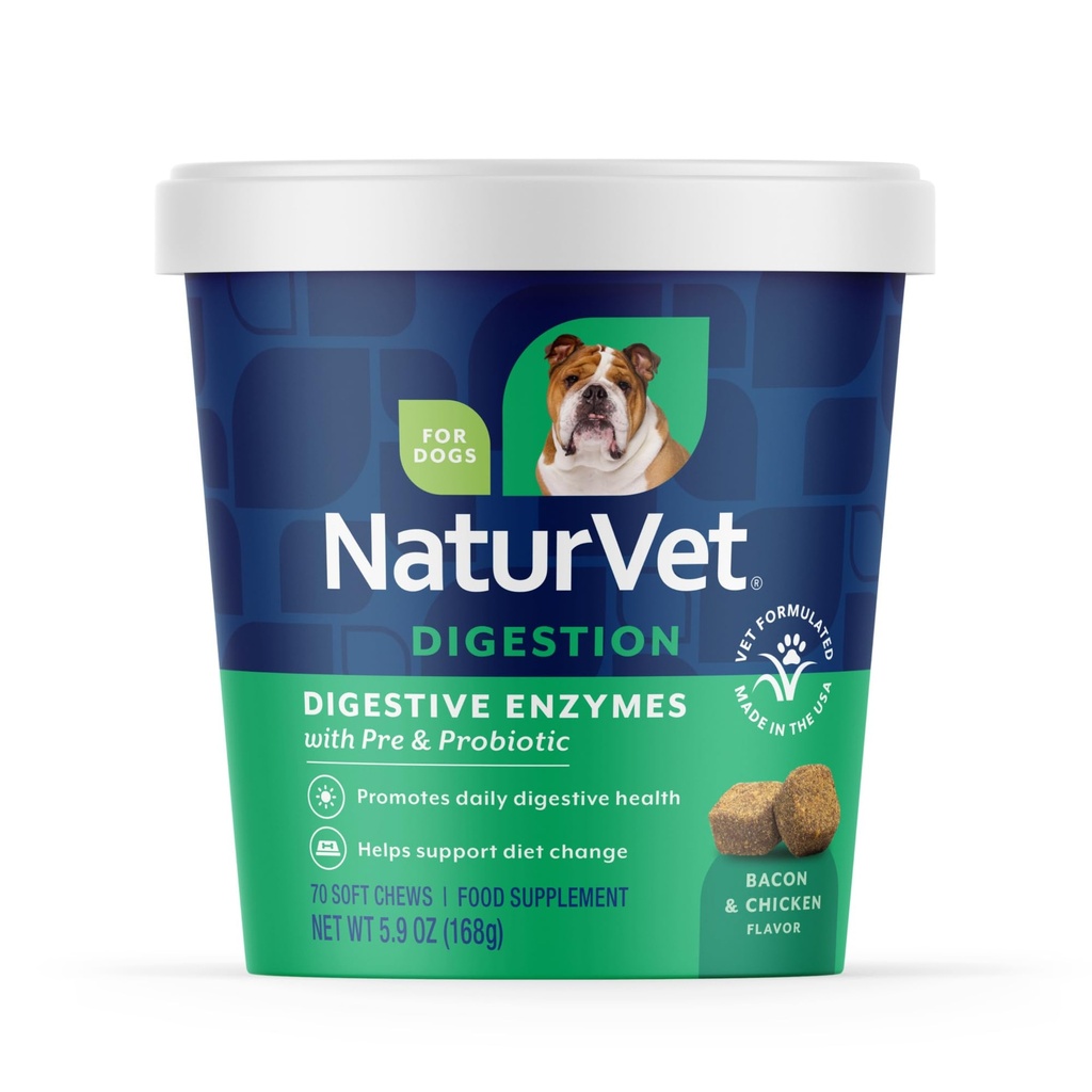 NaturVet – Enzymes Digestivos - Plus Probióticos " Prebióticos - Ayuda a apoyar el cambio de dieta " Una Tract Digestiva Saludable - para perros (Soft Chews, 70 Cuenta)