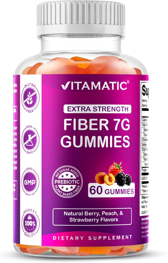 Vitamatic Prebiotic Fiber Gummies for Adults – 7g Fiber per Serving – 60 Pectin-Based Gummies Extra Strength, Zero Sugar Añadido – Apoya Digestive Health & Regularity – Non-GMO, Vegan, Gluten-Free