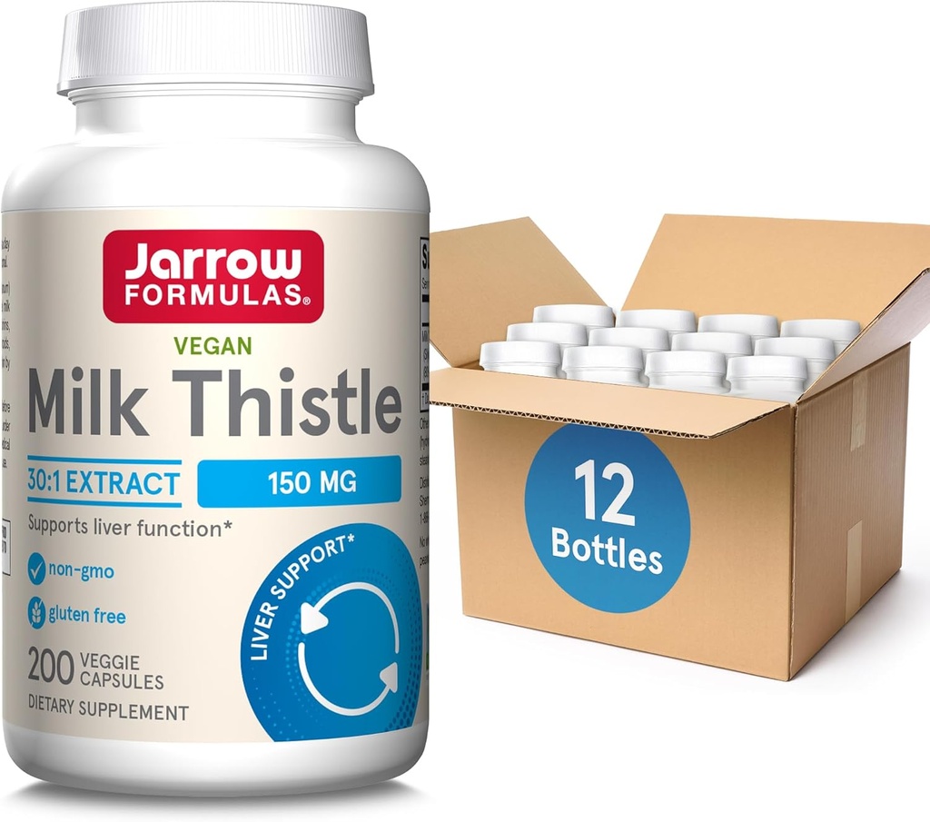 Jarrow Formulas Milk Thistle 150 mg Con 30:1 Standardized Silymarin Extract, Dietary Supplement for Liver Function Support, 200 Veggie Capsules, 66-200 Day Supply, 12 Packs
