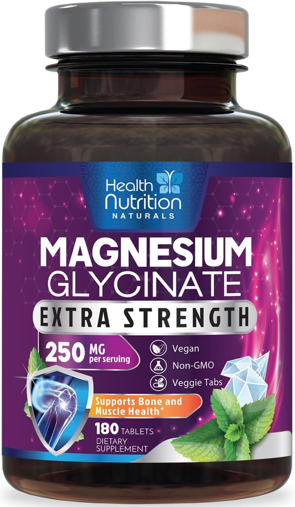 Magnesio Glycinate 250mg - Magnesio 100% Chelated para Max Absorción - Apoyo al sueño, Muscle, Nerves, Bone & Heart Health Support, Best Mag Supplement, Vegan Non-GMO, 3rd Party Tested - 180 Tablets