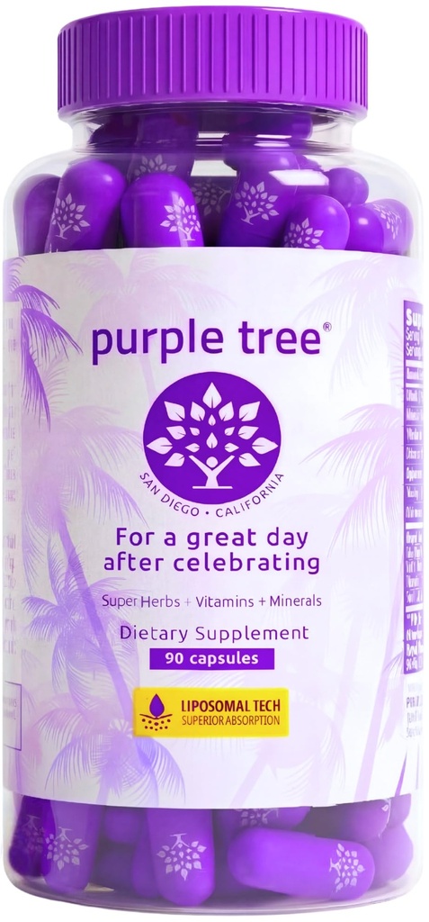 árbol púrpura Post-Celebration Wellness ← Soporte para el hígado, Replenisher del cuerpo, Hidratación rápida ¦ Dihydromyricetin DHM, Milk Thistle, Electrolytes, Vitamina B, Willow Bark, Quercetin (90 Píldoras)