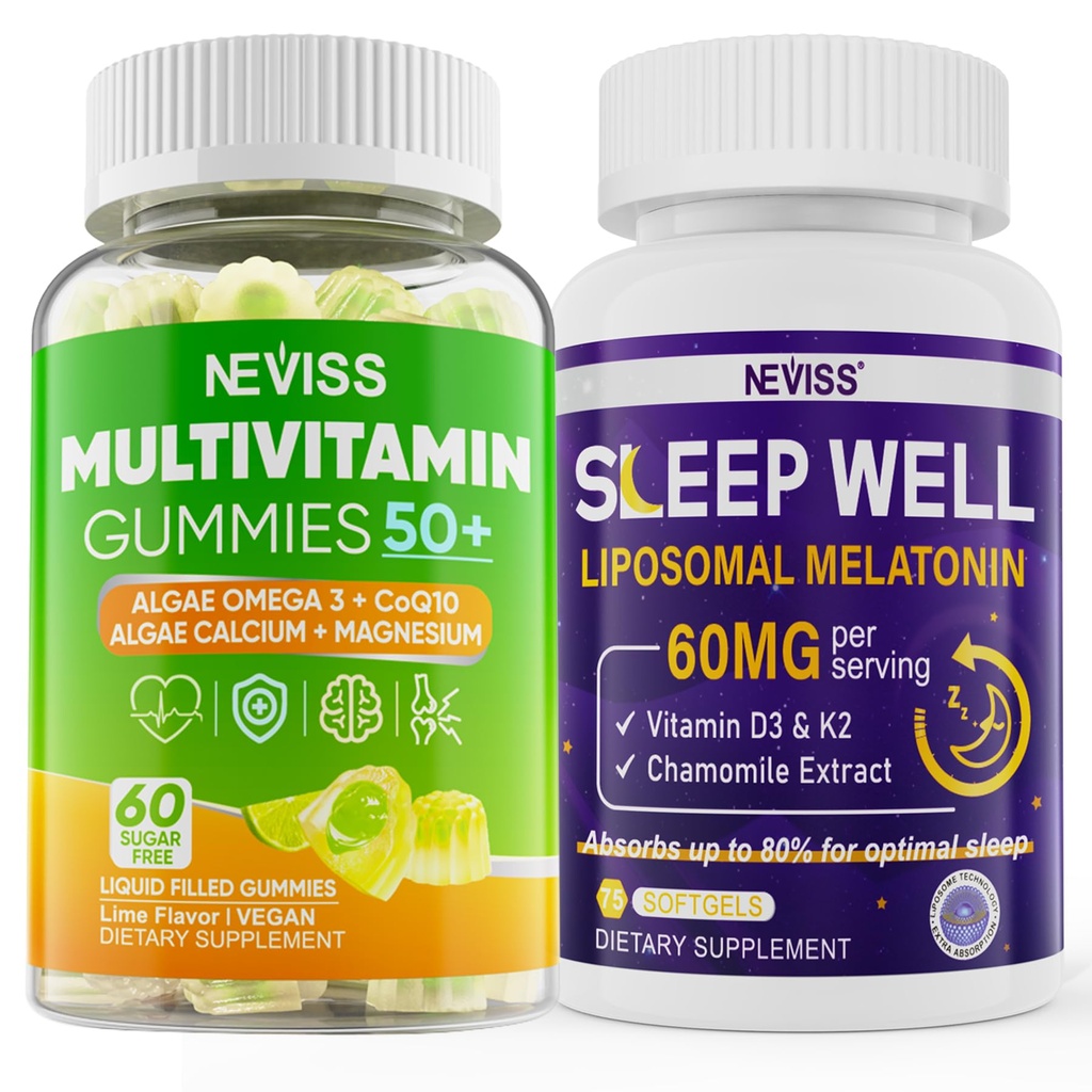 NEVISS Mujer &amp; Hombres 50+ Multivitamin Gummy y Melatonin 60mg Bundle
