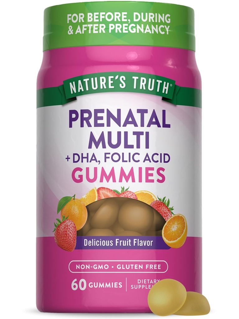 La verdad de la naturaleza Gummies multivitamínicas prenatales Silencio con DHA ' Folic Acid Silencio 60 Conde Silencio Fruit Flavor ← No Gluten Suplemento gratuito