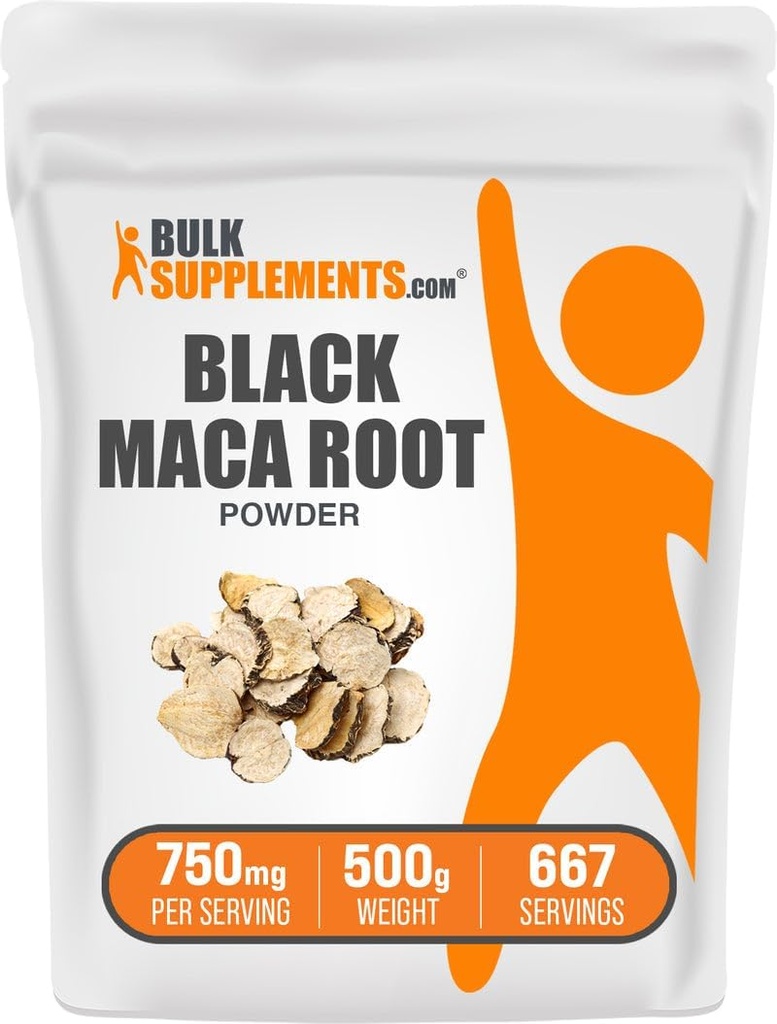 BulkSupplements.com Black Maca Powder - Black Maca Root Suplemento, Herbal Suplemento para Mujeres Hombres - Vegan, Gluten Gratis, 750mg por Serving, 500g (1.1 lbs) (Pack of 1)