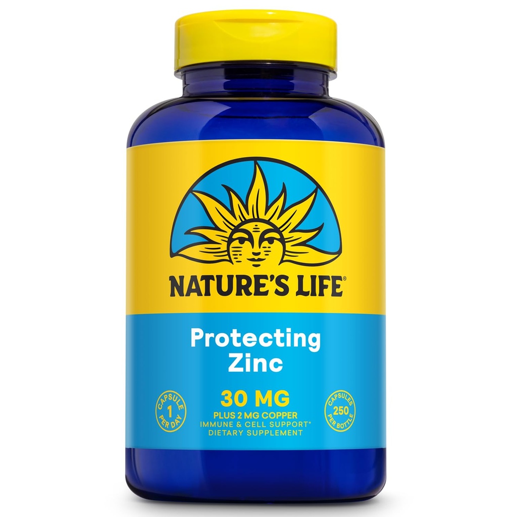 La vida de la naturaleza Zinc Picolinate 30mg Plus 2 mg de cobre - Suplemento Zinc Chelated para inmuno, cardiovascular, piel, función celular y soporte muscular - Garantía de 60 días - 250 Serviciones, 250 cápsulas