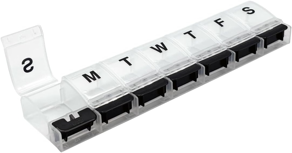 EZY DOSE Weekly (7-Day) AM/PM Organizador diario de píldoras, Caso de vitaminas y Contenedor de medicina, Compartimientos X-Large, Artritis Friendly, Conveniente y Fácil de usar, Clear/Black, Design May Vary, BPA Free