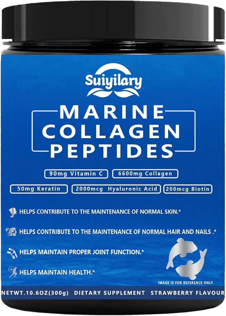 Péptidos de colágeno Polvo para Mujeres, Multi Marine Hidrolyzed for Healthy Hair, Skin, Nails with Hyaluronic Acid, Biotin, Vitamina C, 30 Servings (10.6 OZ, Strawberry)