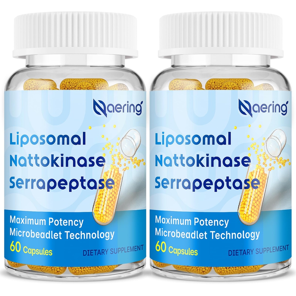 Liposomal Nattokinase 12,000 FU Serrapeptase 360,000 SPU Enzyme Suplemento - Enriquecido con Enzymes Sinergistas y Nutrient Blend ' Inulin para Circulatory, Gut, Digestión 60 cápsulas (2 Botella)