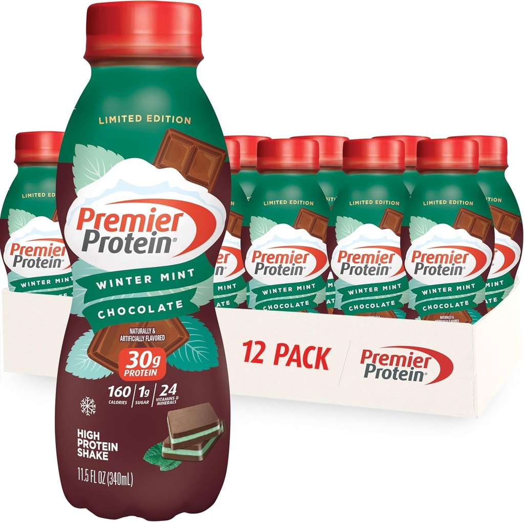 Premier Protein Shake, Serie Limitada Winter Mint Chocolate, 30g Protein, 1g Azúcar, 24 Vitaminas &amp; Minerales, Nutrientes para apoyar la salud inmunitaria, 11.5 oz, 12 Pack