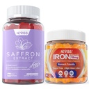 1Pack Saffron Suplemento Gummies 100% puro Saffron Extract Whole Herb Gummies + 2P Vegan Iron Gummies Suplemento con vitamina C, B12, Folate &amp; Turmeric